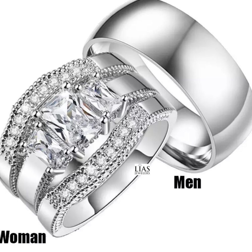 New 18k white gold wedding ring set His and Hers ring set